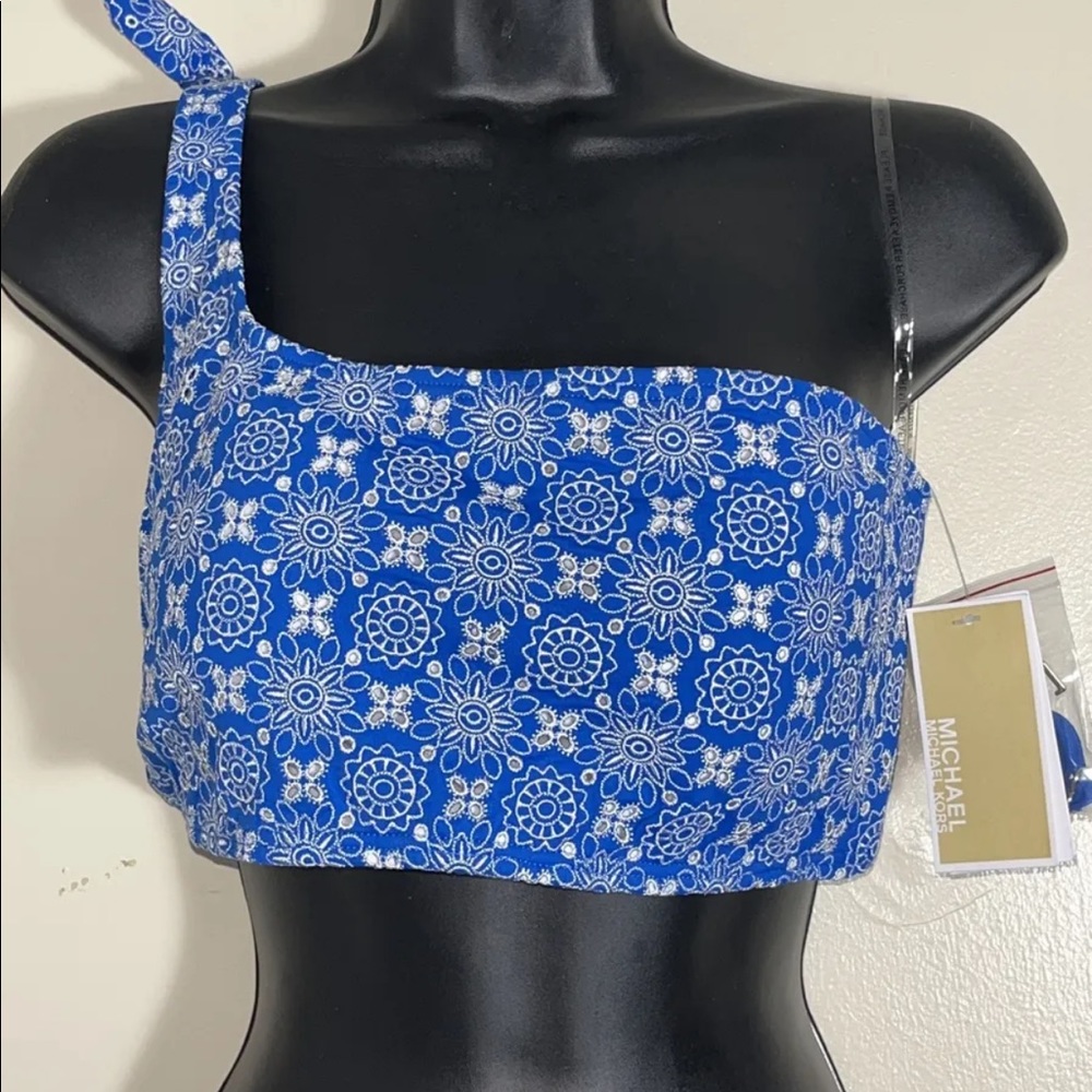 Michael Michael Kors Women's Printed One-Shoulder Bikini Top Blue Size Large - Picture 4 of 6